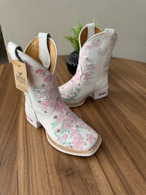 Texana Maitê Capota - Couro Floatter Branco/Bordado Florência Rosa e Verde