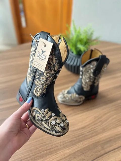 Texana Geovana Infantil - Couro Látego Preto/Bordado Ramos Bege com Metais - Imagem 3