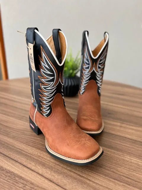 Texana Pietro - Couro Látego Preto e Horse Telha/Bordado Ramos Laranja e Branco - Imagem 2