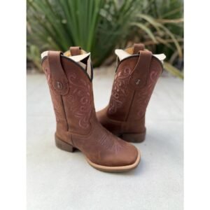 BOTA TEXANA - COURO HORSE NESCAU BORDADO RAMOS MARROM