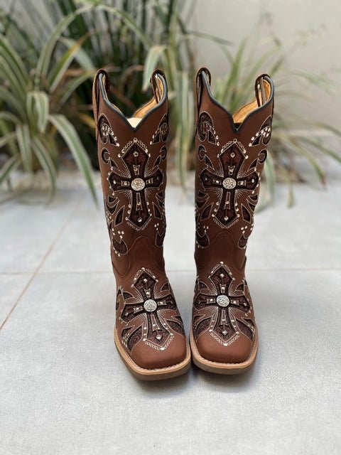 BOTA TEXANA LASER CRUZ BRIDÃO GLITTER MARROM COM METAIS COURO MARROM - Imagem 2