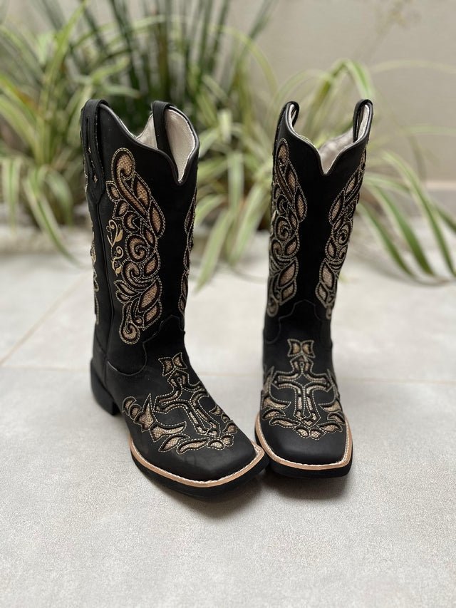 BOTA TEXANA LASER CRUZ GLITTER DOURADO COURO PRETO - Imagem 2