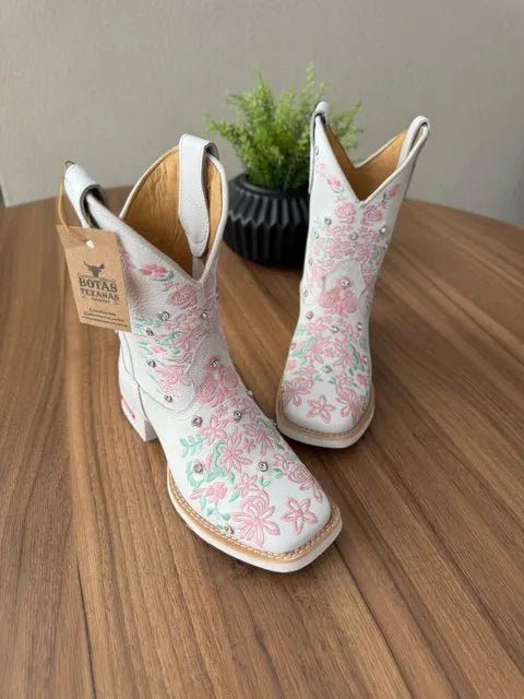 Texana Maitê Capota - Couro Floatter Branco/Bordado Florência Rosa e Verde - Imagem 2