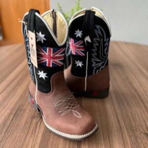 Texana Tom Infantil - Couro Nobuck Preto e Horse Nescau/Bordado Reino Unido