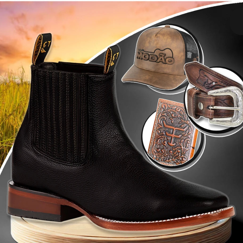 Kit Bota Masculina Ortopédica Force em 100% Couro Bovino + Cinto Country, Boné Modão e Carteira GRÁTIS - Imagem 7