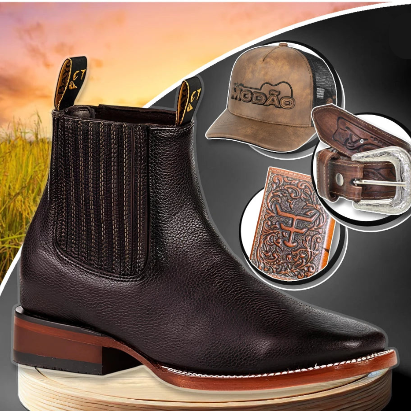 Kit Bota Masculina Ortopédica Force em 100% Couro Bovino + Cinto Country, Boné Modão e Carteira GRÁTIS - Imagem 3