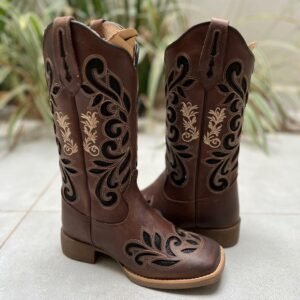 BOTA TEXANA LASER RAMOS GLITTER PRETO COURO MARROM