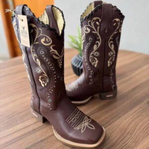 Texana Alice - Couro Látego Marrom/ Bordado Tribal Bege e Preto