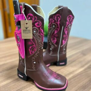 Texana Alice com Kit Faca - Couro Látego Marrom/Bordado Tribal Rosa