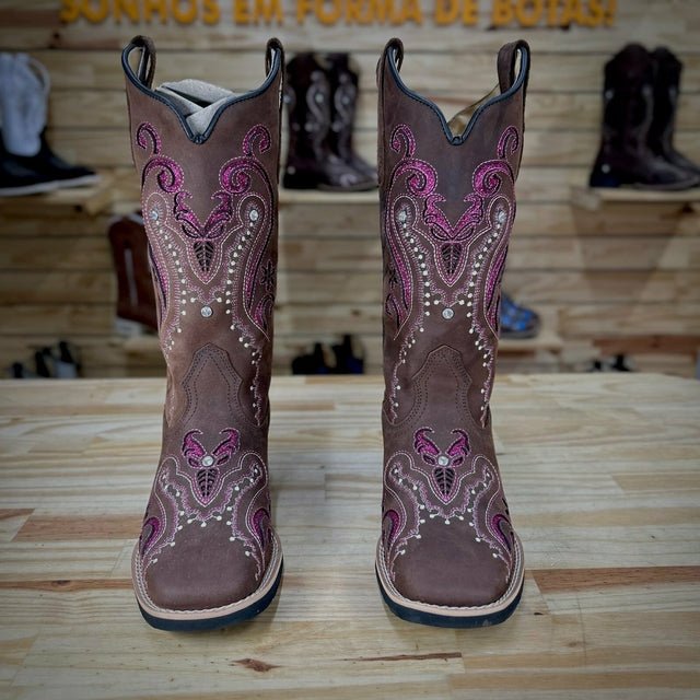 BOTA TEXANA LASER TRIBAL GLITTER ROSA PINK COM STRASS COURO MARROM - Imagem 3