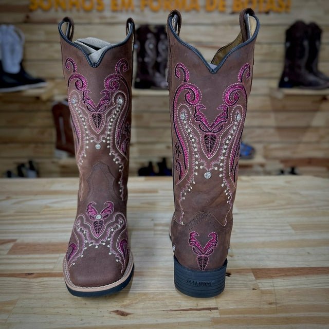 BOTA TEXANA LASER TRIBAL GLITTER ROSA PINK COM STRASS COURO MARROM - Imagem 2