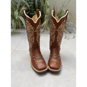 BOTA TEXANA EM COURO BORDADO RAMOS AMANDA COM METAIS STRASS